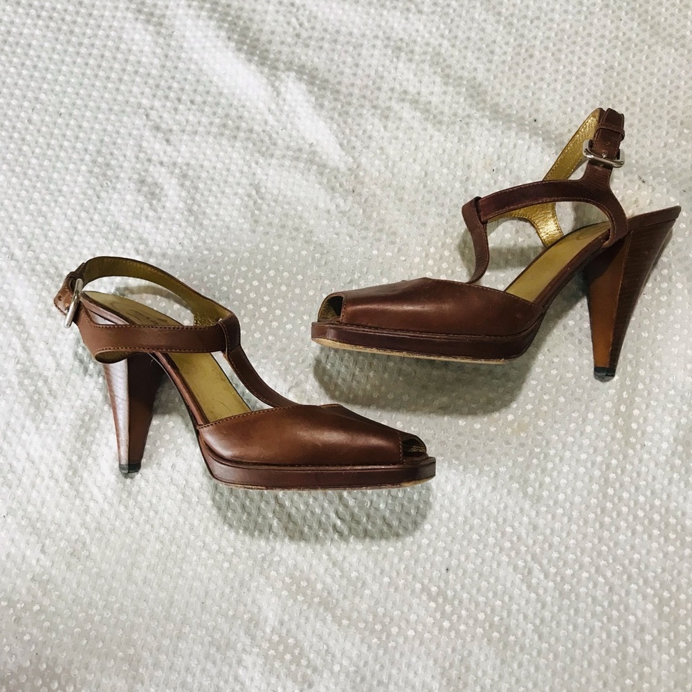 Prada Brown Leather Peep-Toe Slingback Heels - Picture 8 of 15